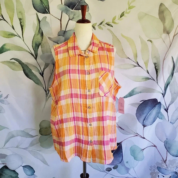 TIME & TRU | Sleeveless Button Down in Orange Plaid sz XXL(20) - Picture 1 of 9